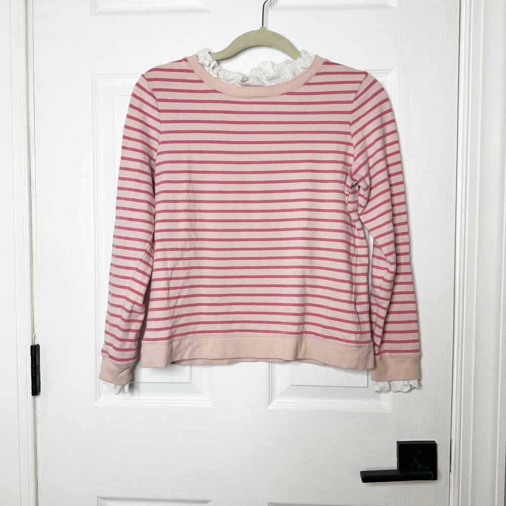 Boden Striped Eyelet Trim Sweatshirt Womens Small Pink White Excellent J0829